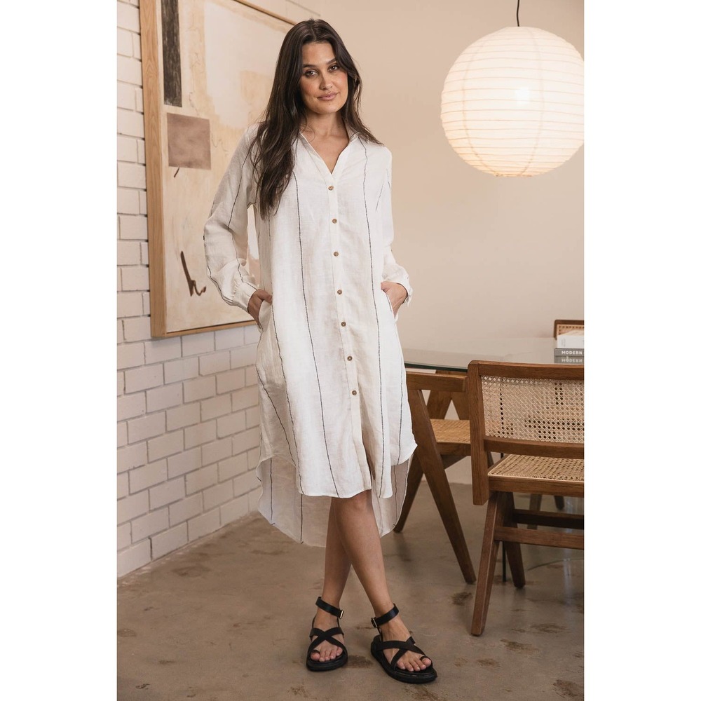 Eadie Lifestyle Carter Fundamental Linen Striped Shirt Dress S/M‎ High Low